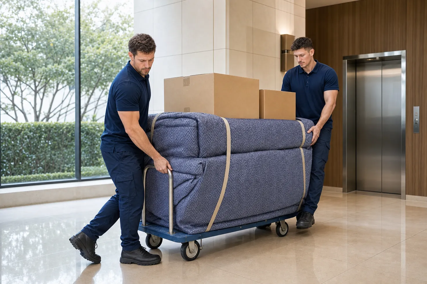 Mosman removalists moving furniture through a modern apartment building toward the service lift