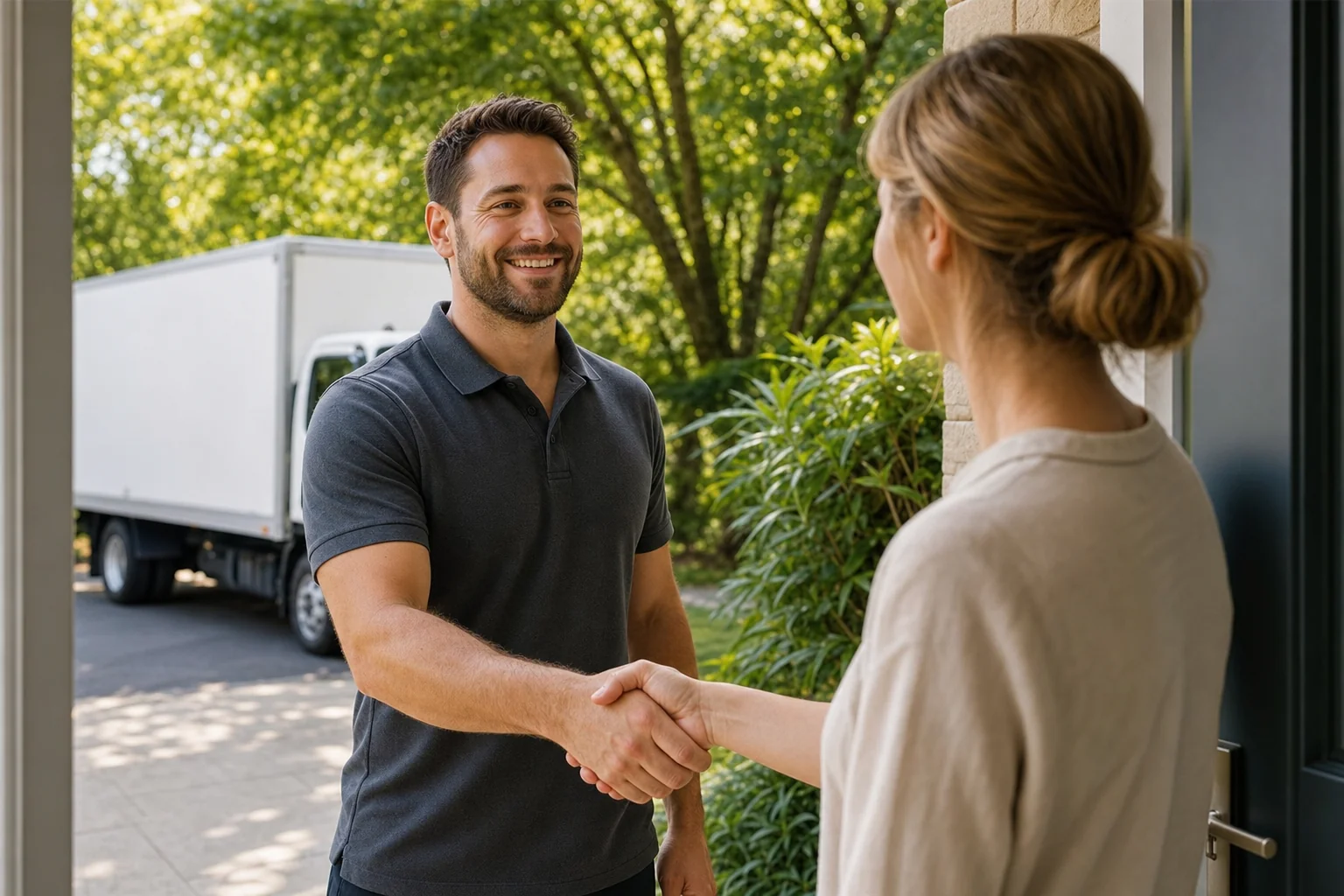 Friendly removalist shaking hands with a homeowner at their front door