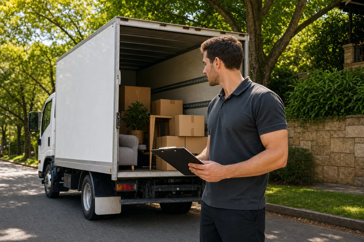 Removalist with a clipboard beside a moving truck on a leafy Lower North Shore street