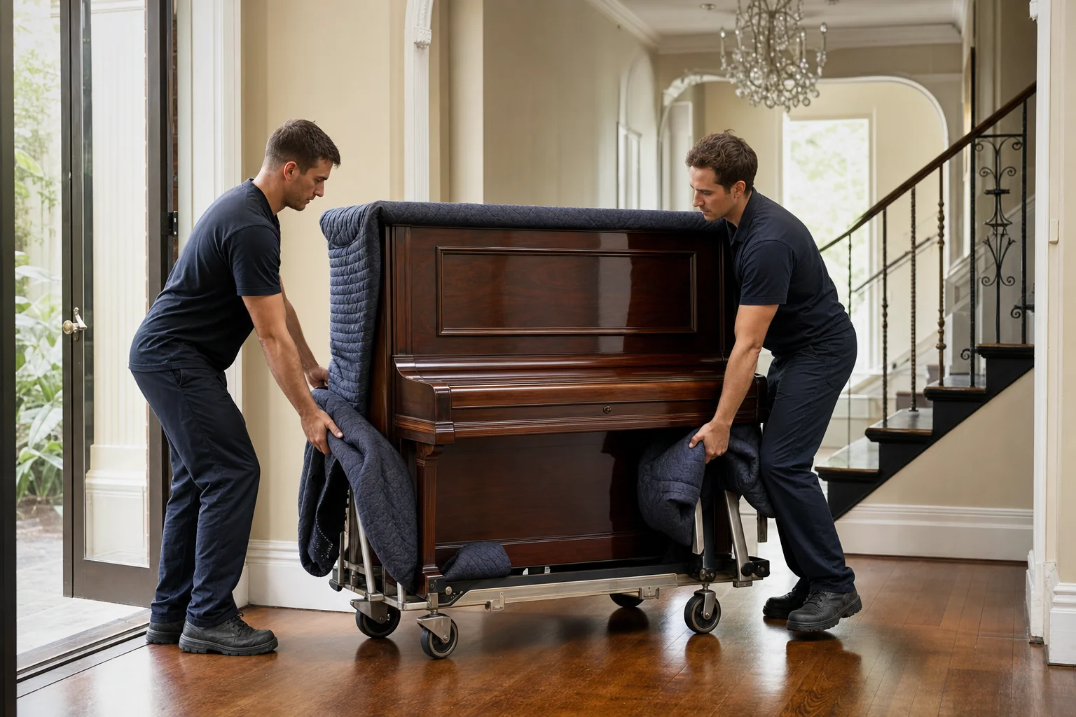 Two removalists carefully moving an upright piano on a padded trolley