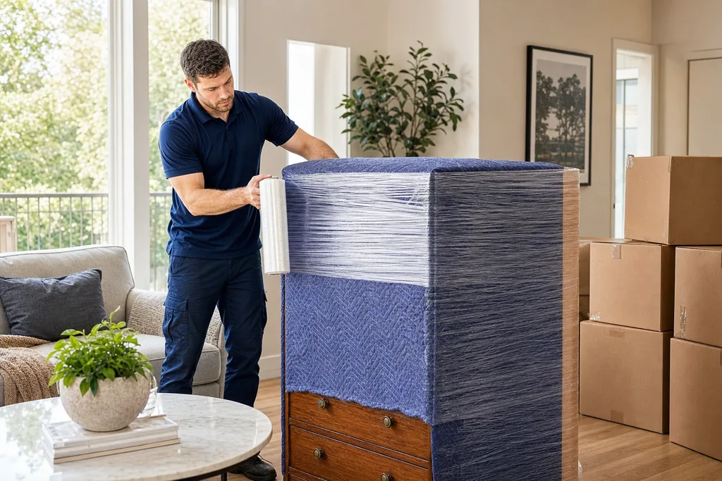 Removalist wrapping furniture for protection before secure storage in Mosman