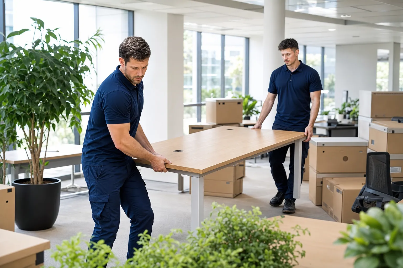 Mosman removalists relocating office furniture and crates through a modern open-plan office