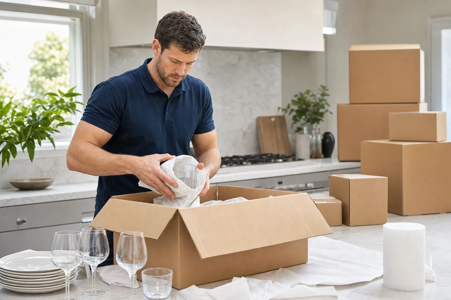 Mosman removalist carefully packing glassware into a moving carton with quality materials