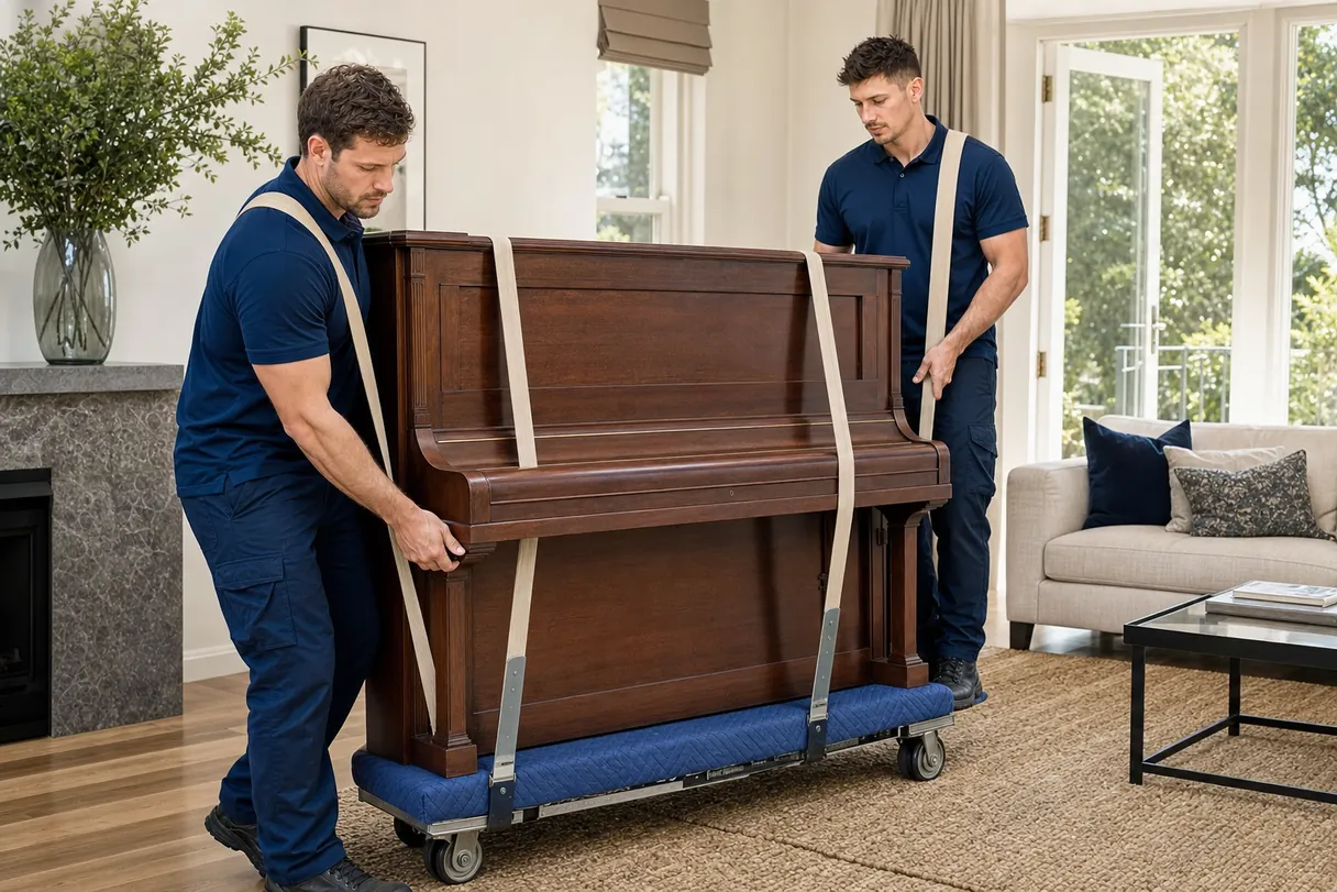 Mosman removalists carefully moving an upright piano on a padded trolley with straps