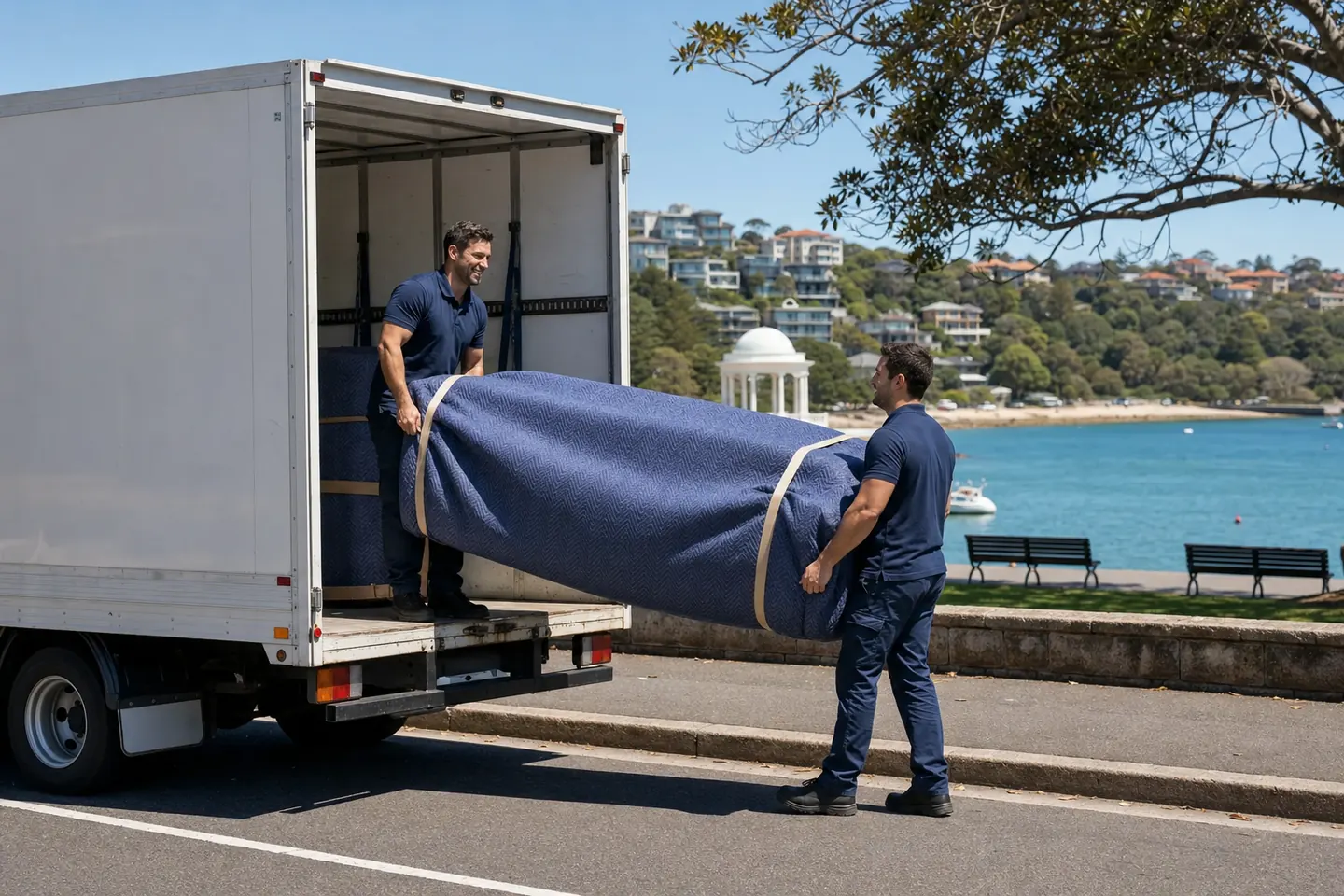Removalists carrying furniture near the Balmoral Beach esplanade on Sydney's Lower North Shore