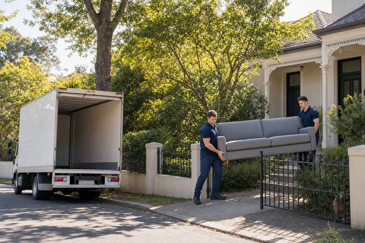 Removalists carrying a sofa from a Federation house on a leafy Cammeray street
