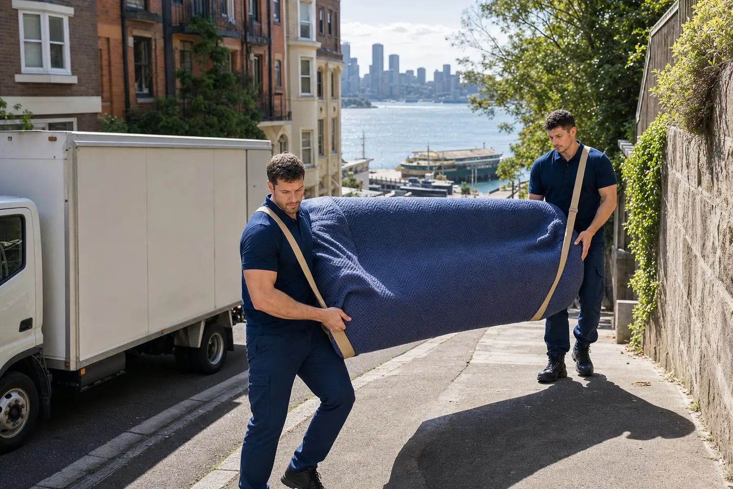 Removalists carrying an armchair up a steep harbourside street on the Cremorne Point peninsula