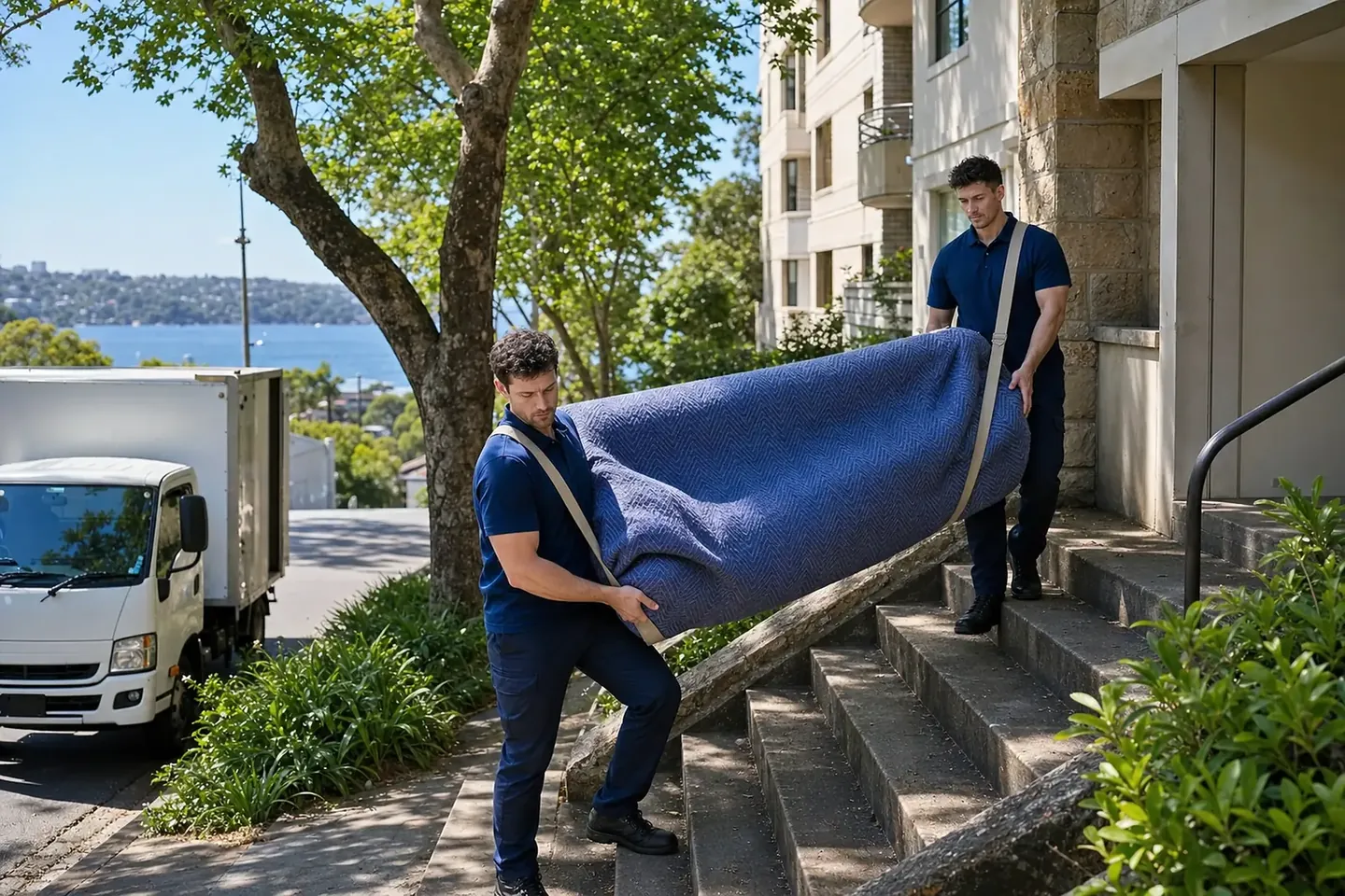 Removalists carrying a blanket-wrapped sofa from an art-deco apartment block on a leafy Cremorne street