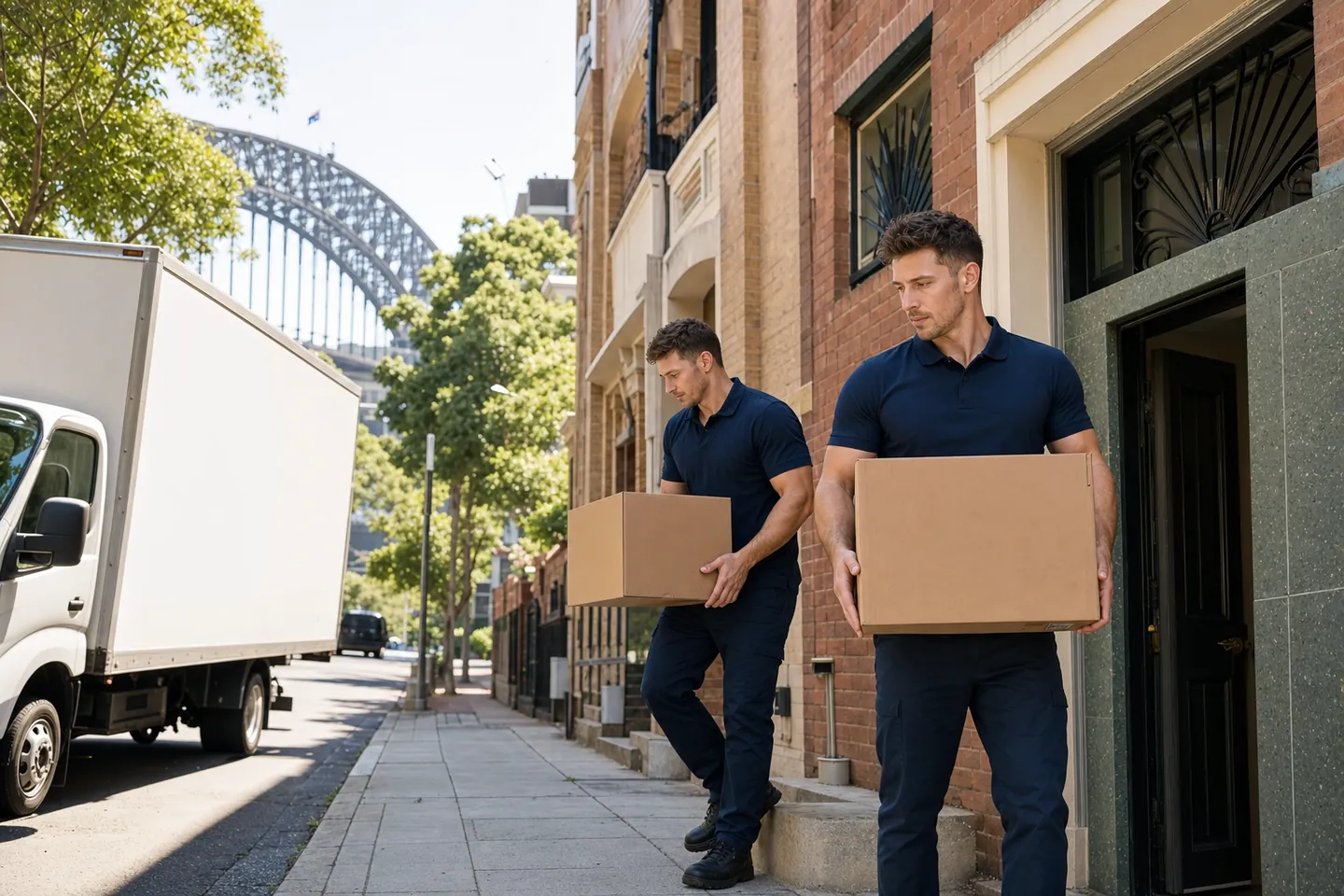Removalists carrying boxes from an art-deco apartment block in Kirribilli with the Harbour Bridge behind