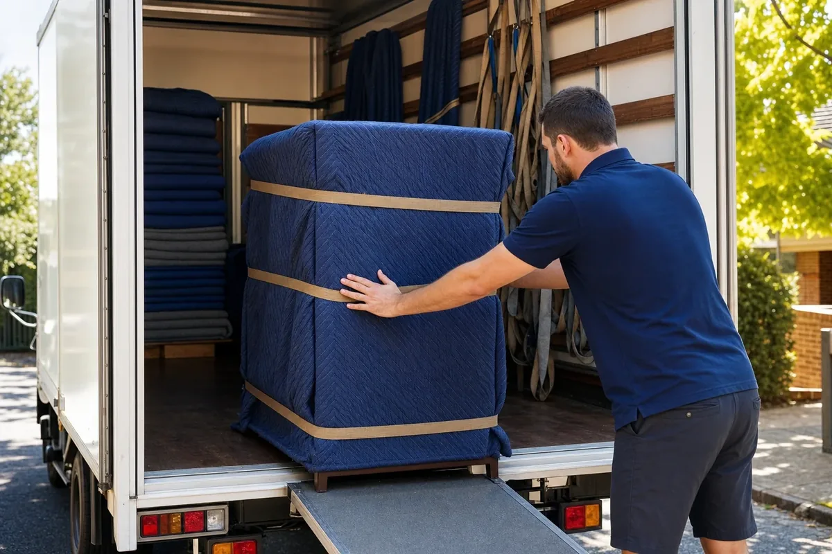 Removalist loading a padded item into a moving truck in Mosman