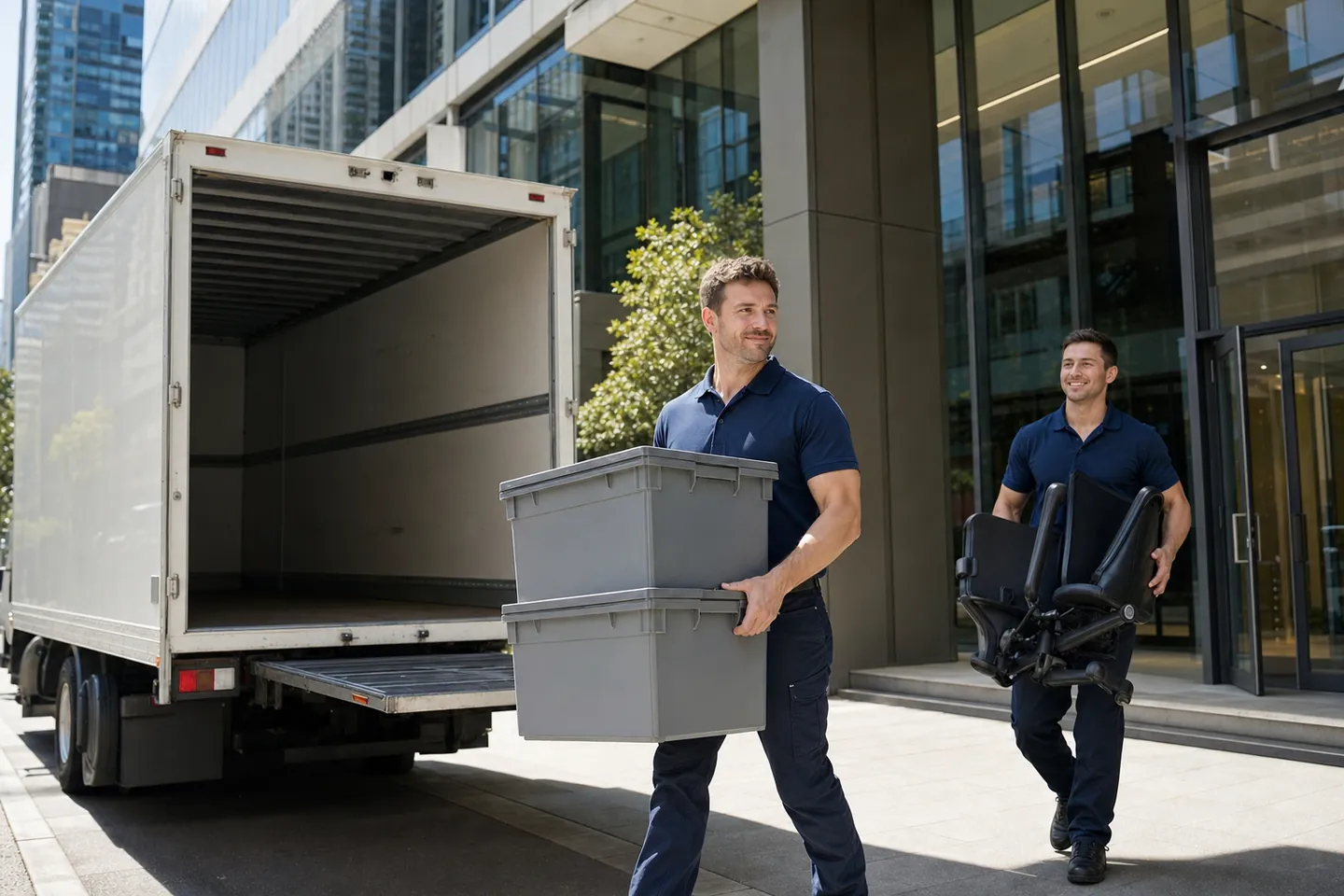 Removalists handling an office relocation outside a high-rise tower in North Sydney