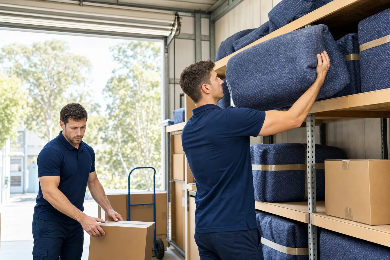 Clean secure storage facility with neatly stacked blanket-wrapped furniture and labelled cartons